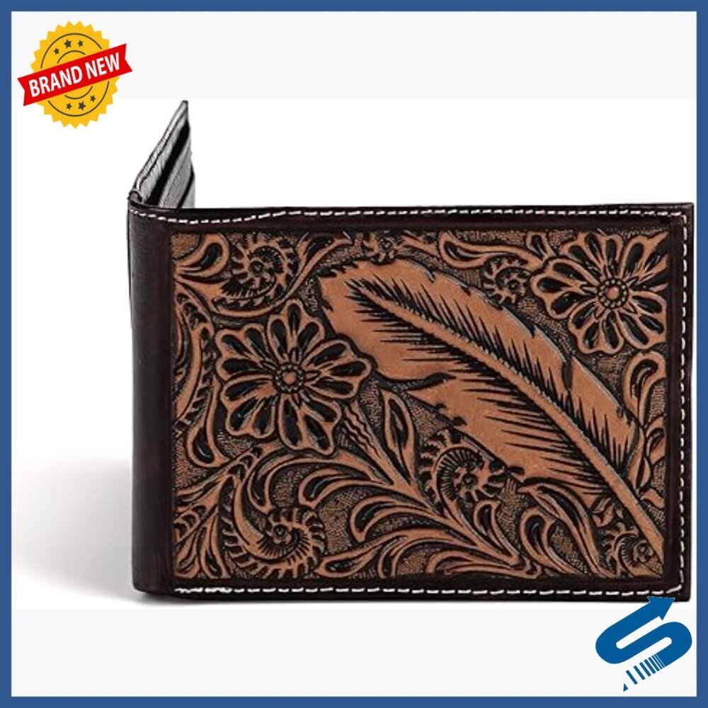 Genuine Leather Bifold Wallet with Feather Embossed Design